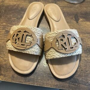Ralph Lauren Alegra Canvas Leather Sandals Size 9‎ Women Slides Coastal Slip-On